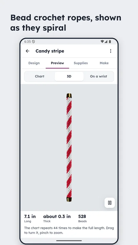 A bead crochet rope previewed in 3D at its real size.