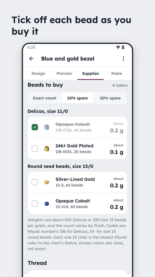 One project's Supplies tab, ticked off as you buy.