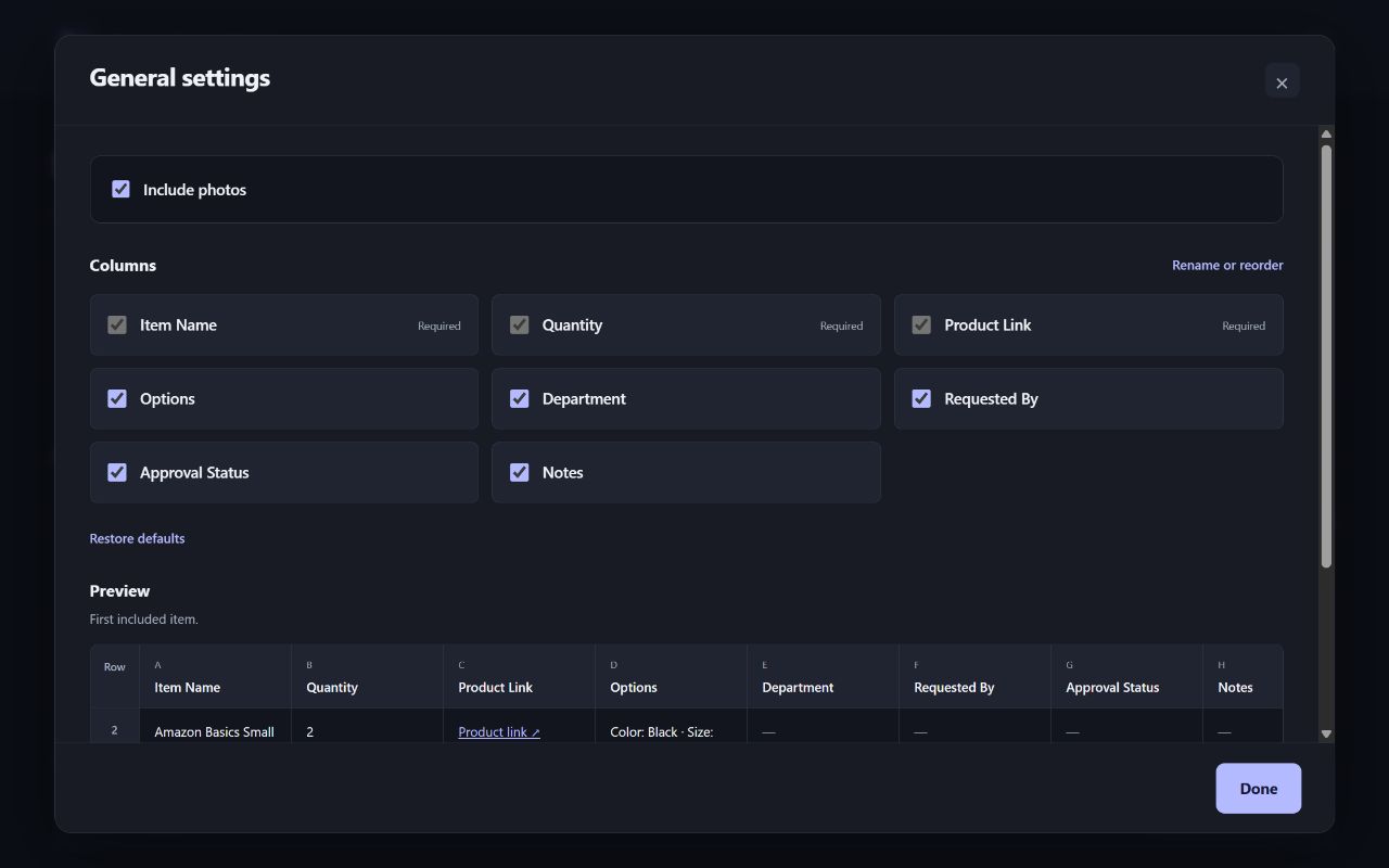 General settings with Include photos enabled, column selection checkboxes, and a Rename or reorder link.