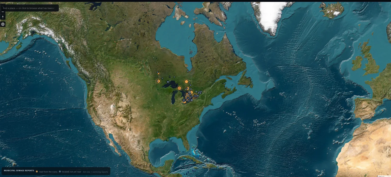 The Concordance map showing municipal sewage report series across Ontario and the Great Lakes, orange where the scans have been read and grey where a place is located but not yet read