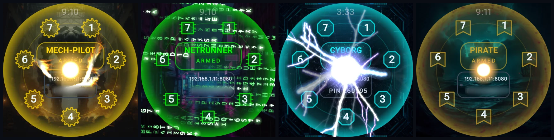 Four watch faces side by side. Mech-Pilot in yellow with cog-shaped pads, Netrunner in green with bracketed square pads, Cyborg in cyan with hexagons, and Pirate in gold with banner-shaped pads. Each carries the same seven numbered positions, the armed state, and the controller address and pairing code.