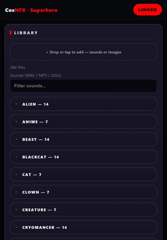 The Mission Control sound library: a drop area reading drop or tap to add, 384 files, a filter box, and a scrolling list of categories including Alien, Anime, Beast, Blackcat, Cat, Clown, Creature and Cryomancer with counts beside each.