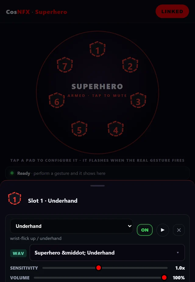 Mission Control in a browser: the Superhero face at the top with seven numbered pads, and below it a Slot 1 panel for the Underhand gesture with an on switch, a sound file, and sensitivity and volume sliders.