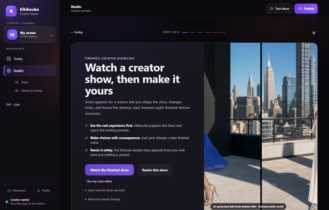 The Kikibouba Creator Studio: a sidebar with Today, Studio and Live, and a guided example walking through a finished creator show