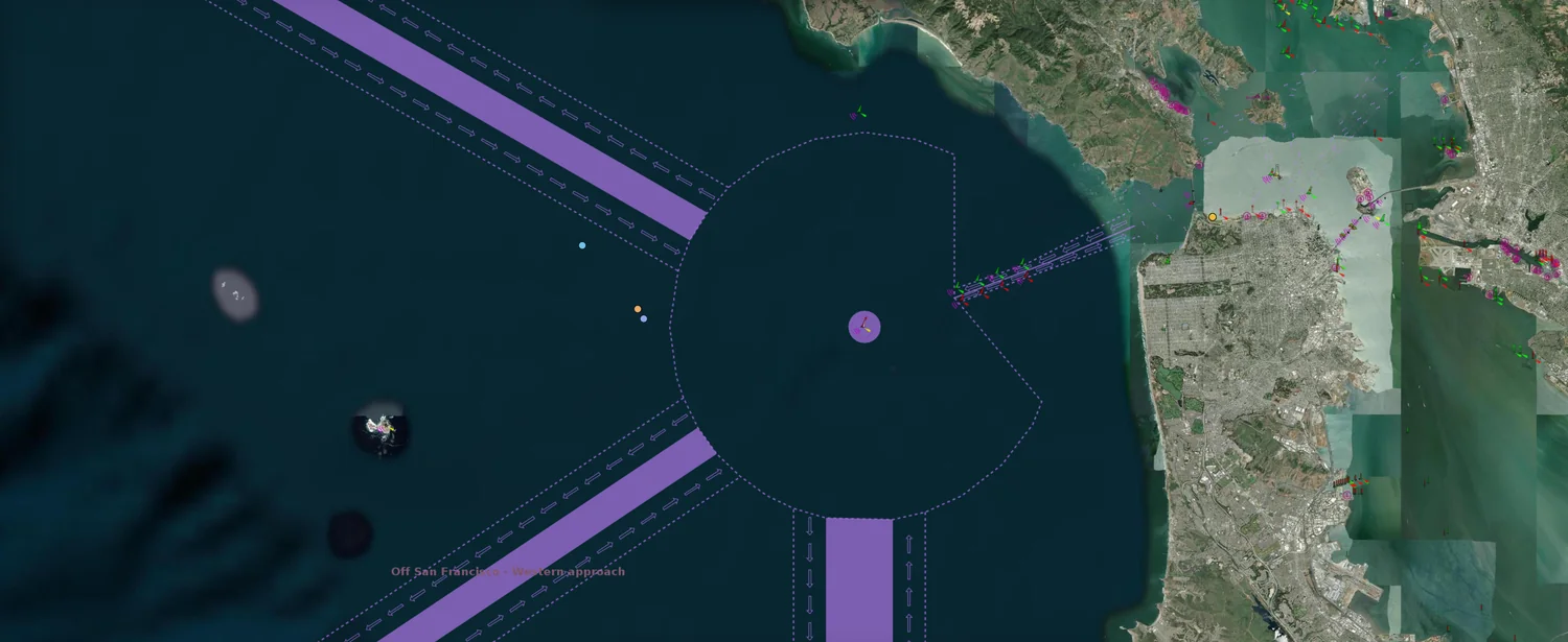 The console zoomed to the western approach to San Francisco, showing traffic separation lanes, a precautionary area, and individual navigation buoys and beacons