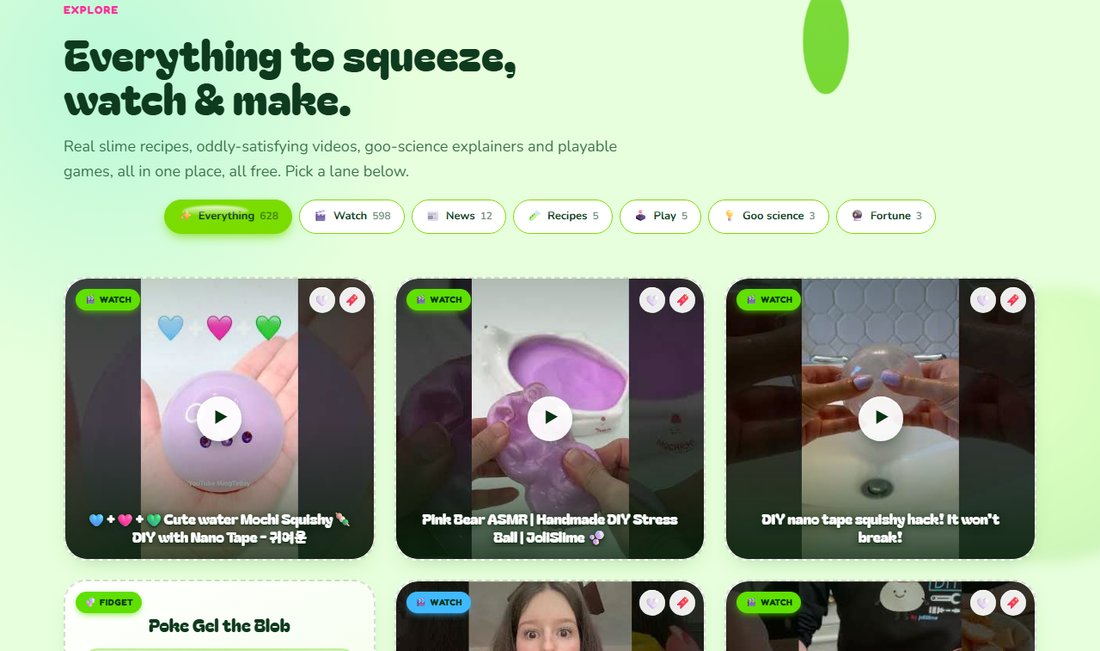 Further down the Slime in the Coconut home page: a heading reading Everything to squeeze, watch and make, a row of filter lanes for watching, recipes, news, play and goo science, and the first row of colour-tagged cards.