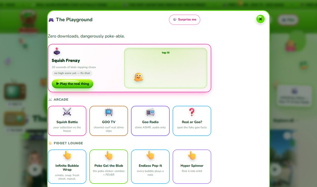 The Playground overlay showing a featured mini-game plus an arcade row and a fidget lounge row